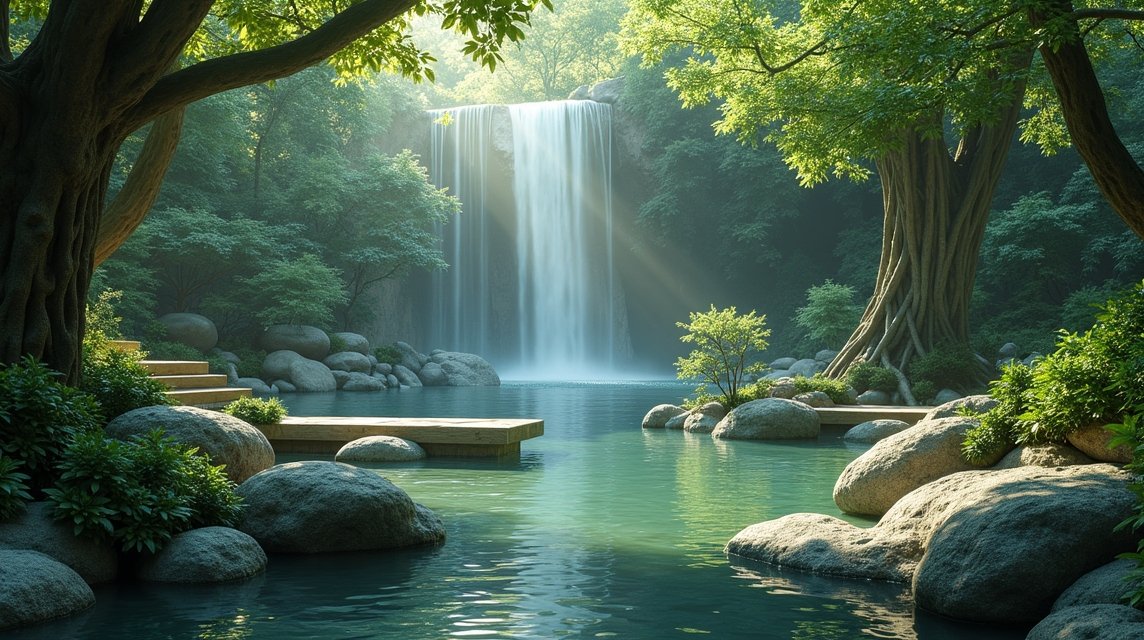 Vízió a természet szépségének, vízesés, zöld növények és kőzések