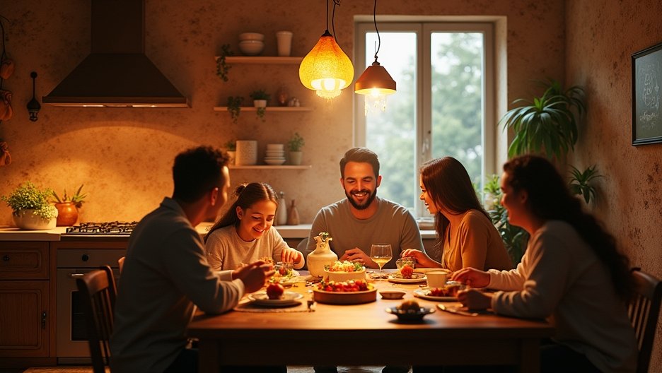 Családi közös étkezés a konyhában, boldog pillanatokkal.