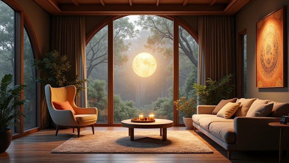 Modern lakás belső tér nagy ablakokkal, növényekkel és világító holdfénnyel.
