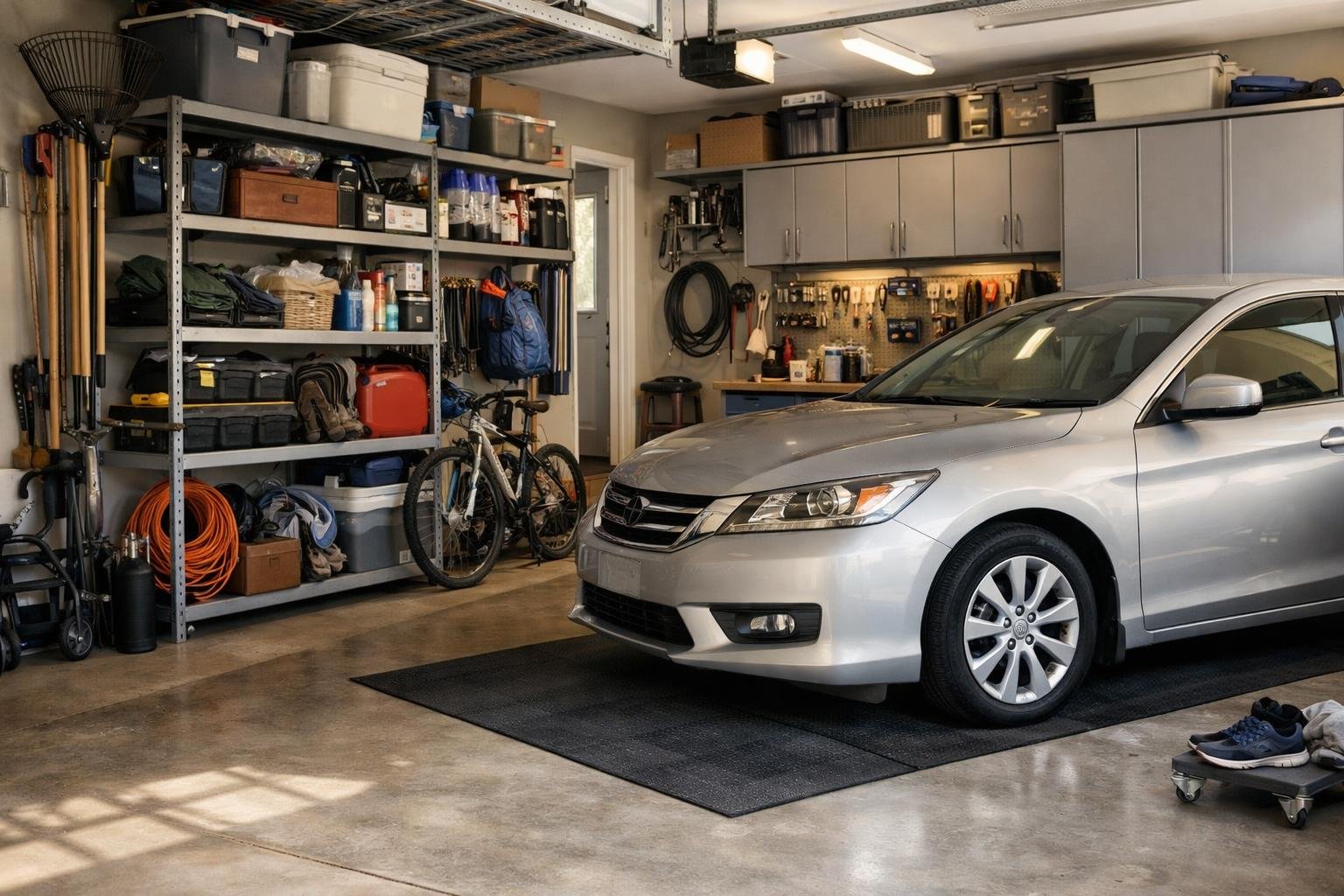 Rendezett garázs autóval, tárolóval és eszközökkel.