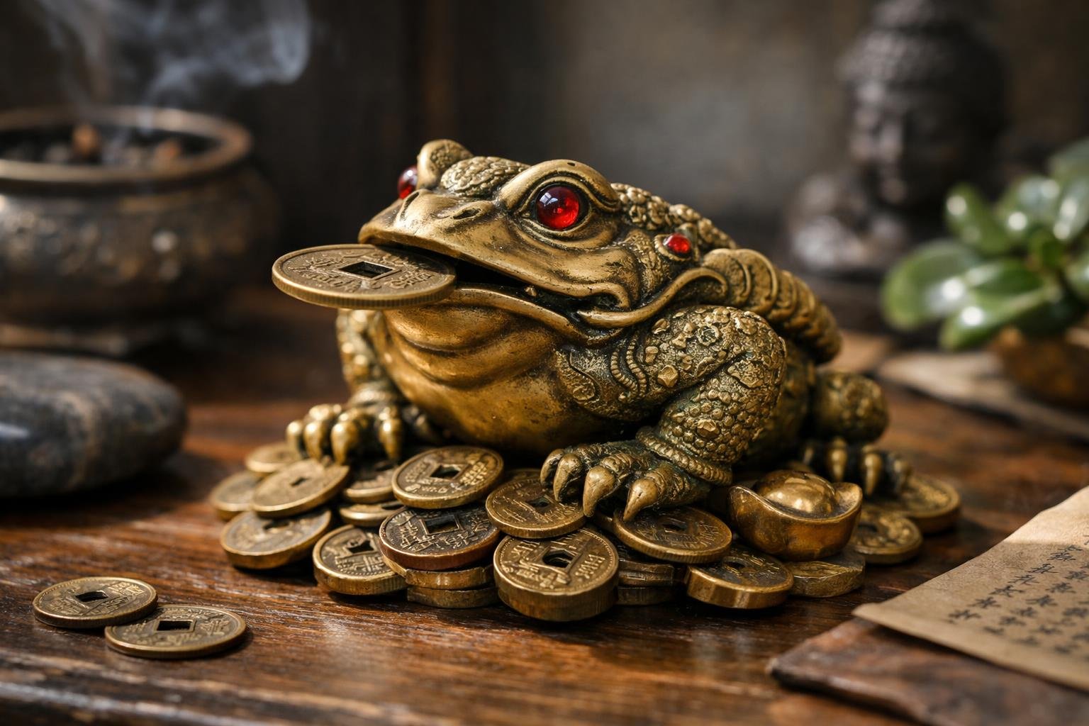 Háromlábú Béka feng shui szimbólum, pénzérmékkel körülvéve
