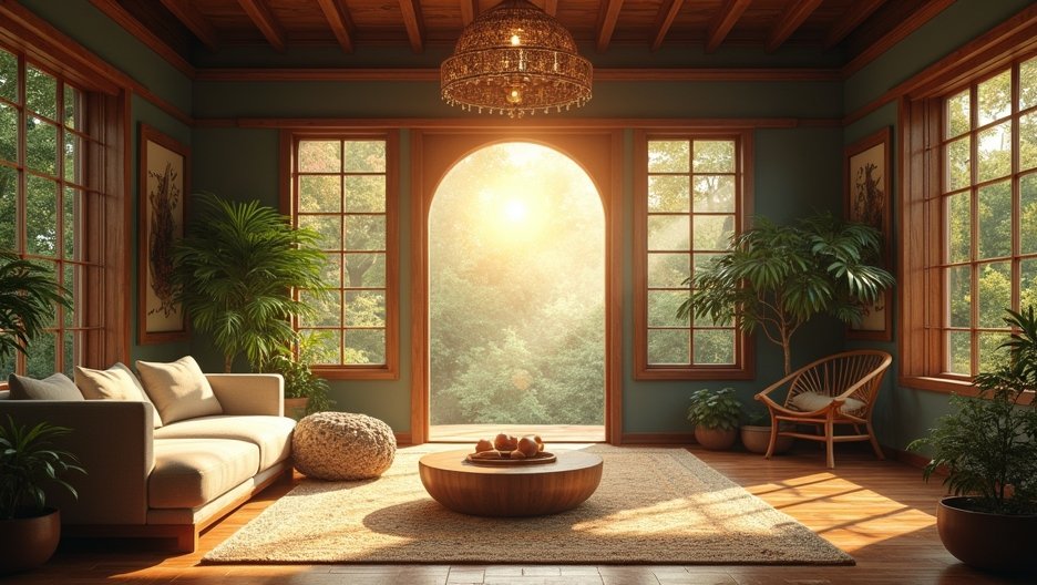 Zöld növényekkel díszített belső tér fa elemekkel és természetes fényben.