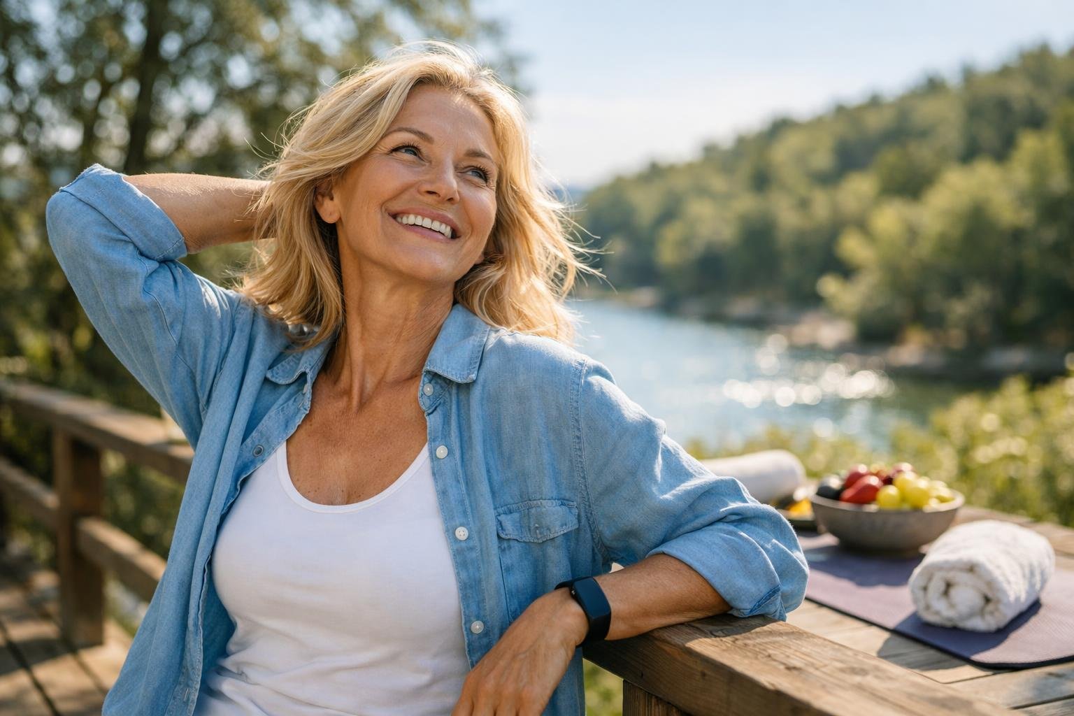 Felnőtt nő boldogan a természetben, életvidámságot sugallva.