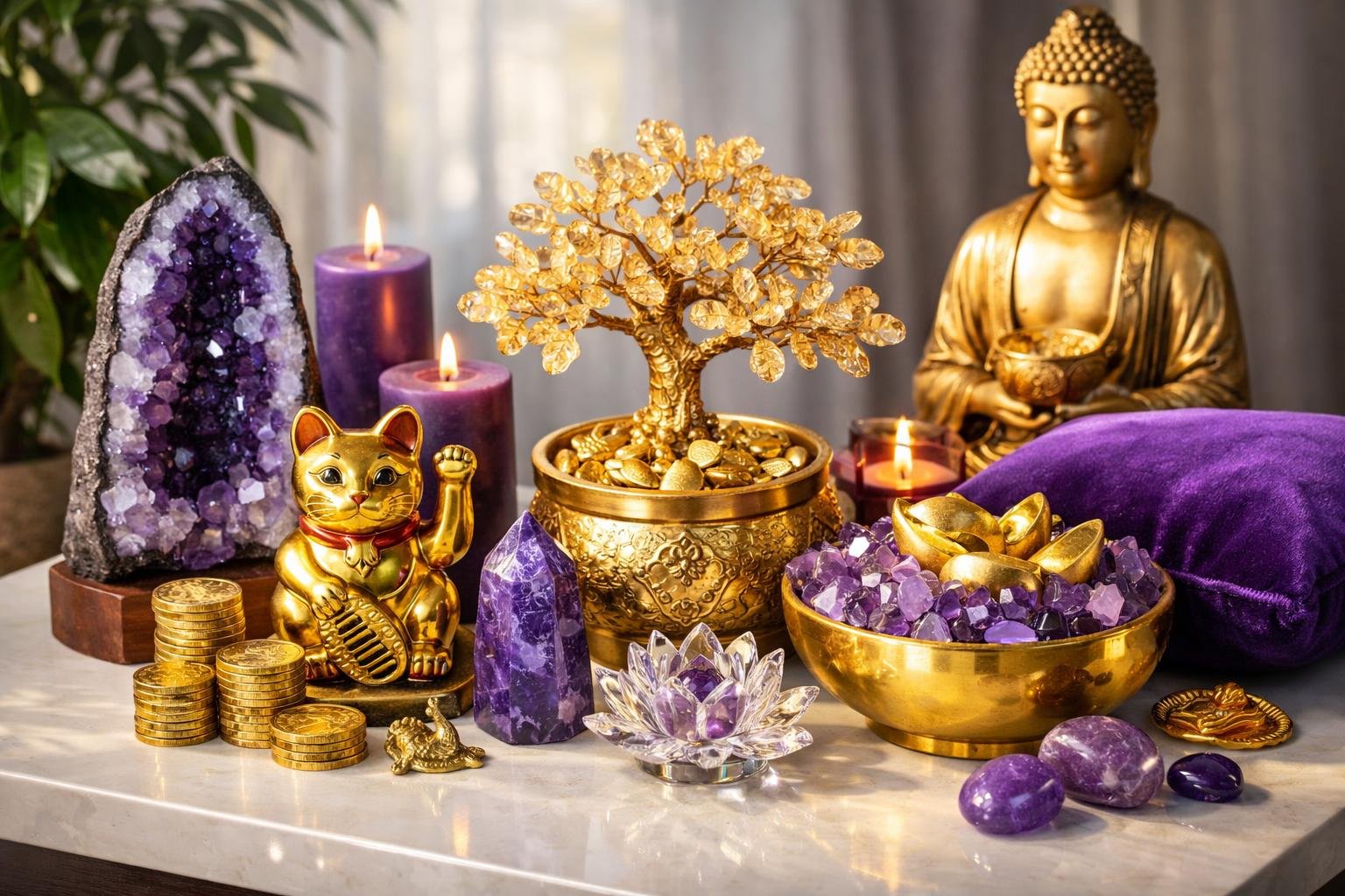 Lila és arany Feng Shui dekoráció a bőség sarkában