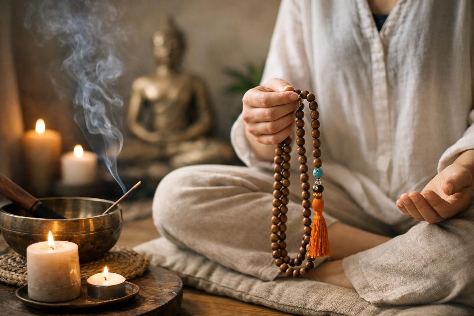 Személy mala-t használ meditáció közben gyertyák és füst kíséretében.