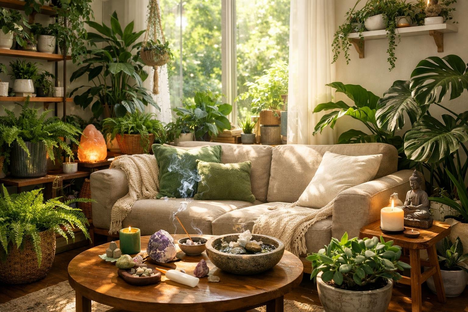 Harmonikus otthon zöld növényekkel és gyógyító elemekkel