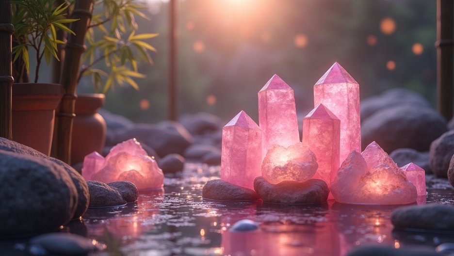 Rózsakvarc kristályok vízben, lágy fényben, harmonikus környezetben