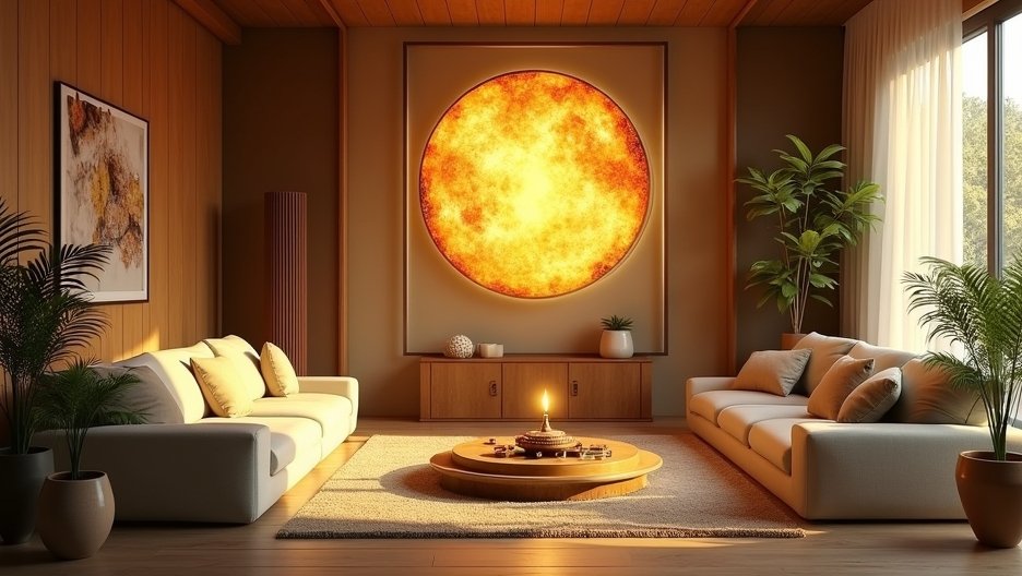 Fényes nap képe egy modern nappaliban, asztrológiai témája van.