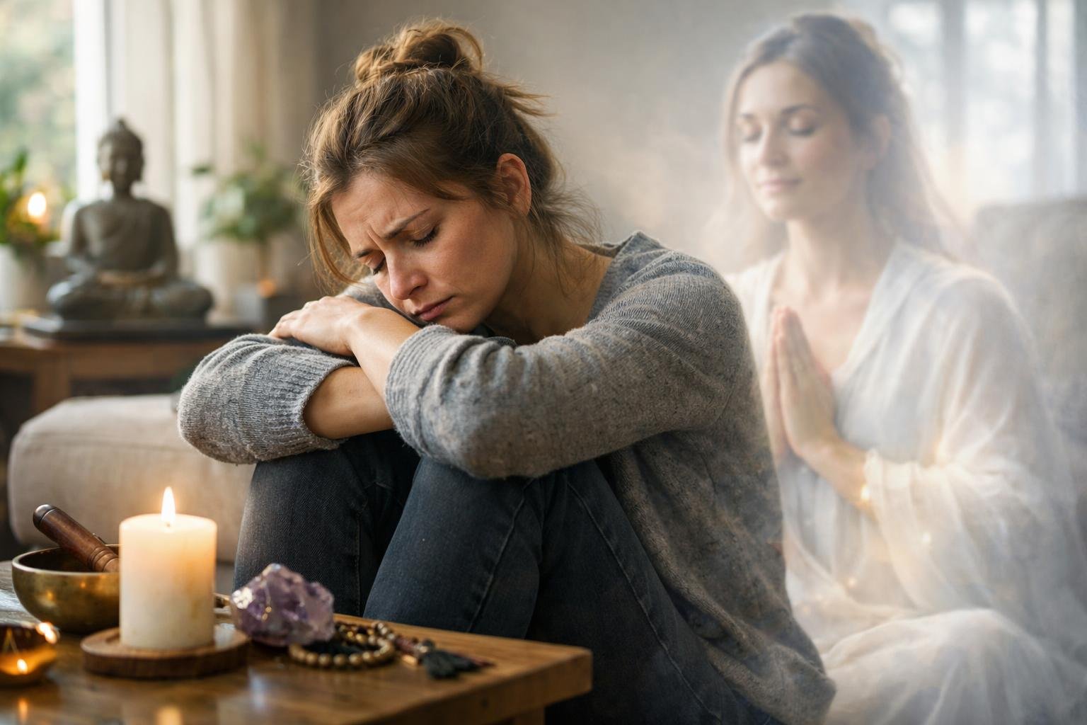 Egy nő szomorúan ül egy asztal mellett, mögötte egy spirituális figura