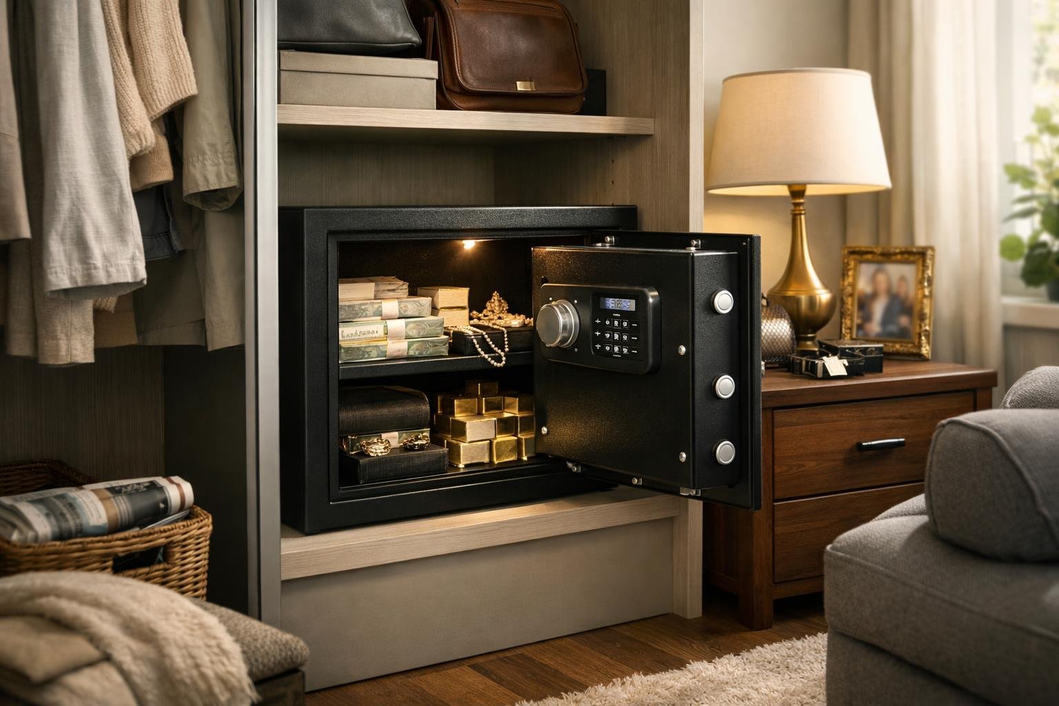 Széf a lakásban, arany ékszerekkel és pénzzel, biztonság és jólét.