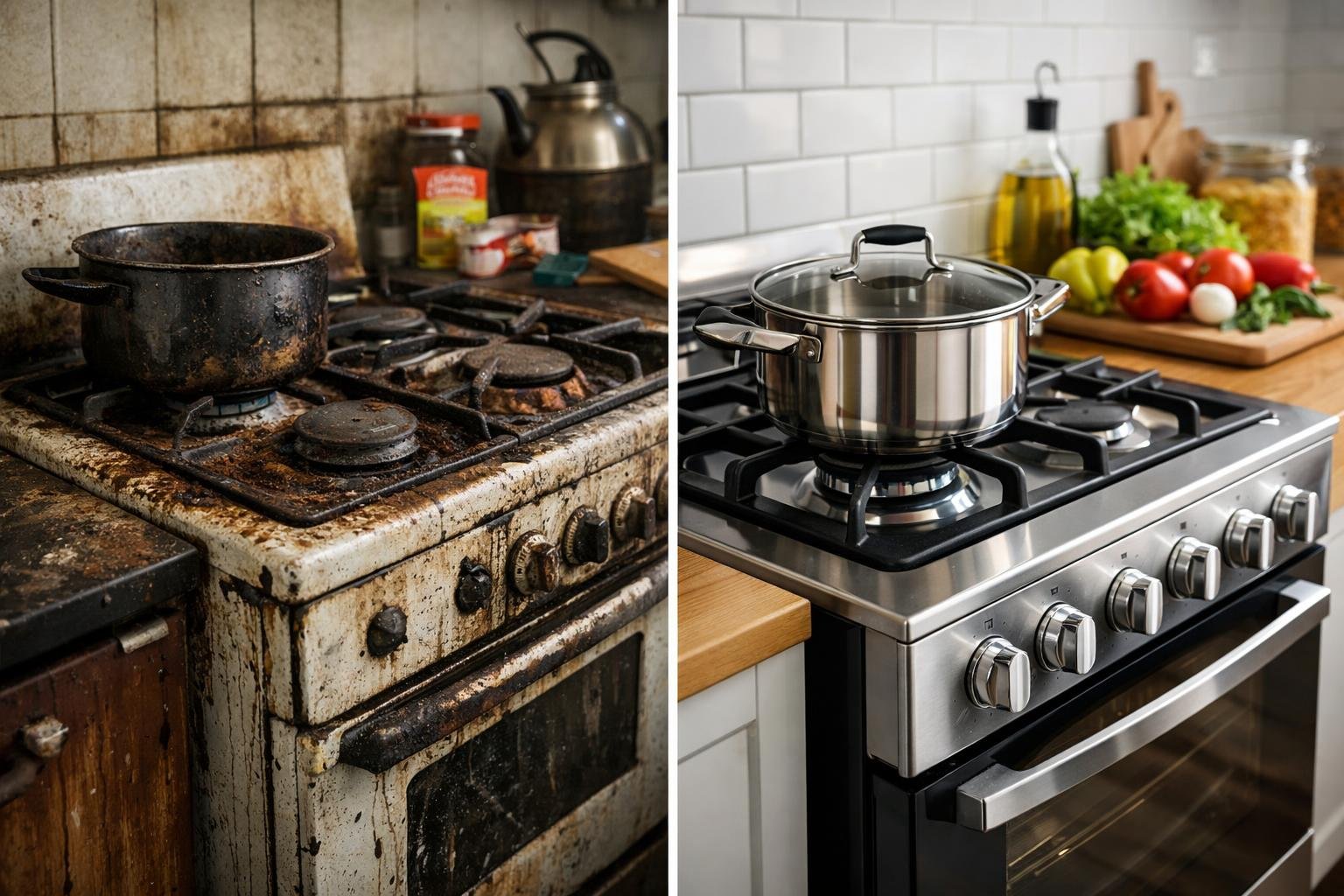 Két tűzhely összehasonlítása, baloldalt a régi és koszos, jobboldalt a tiszta és modern.