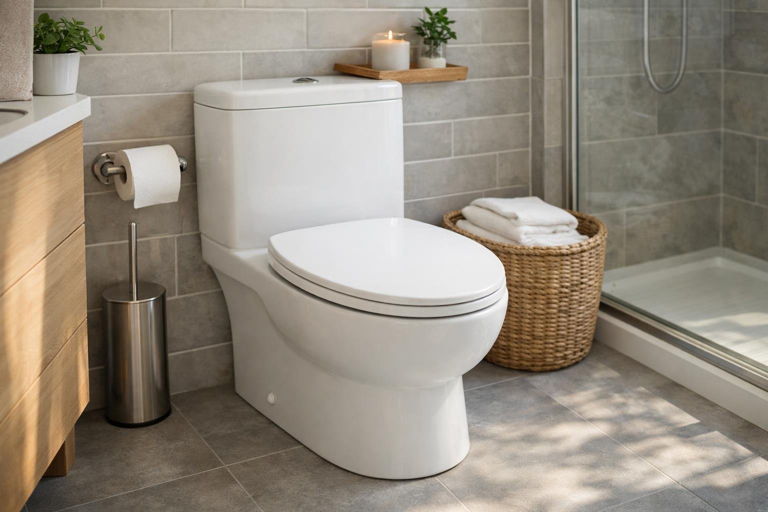 Modern vécé a fürdőszobában, lehajtott fedéllel.