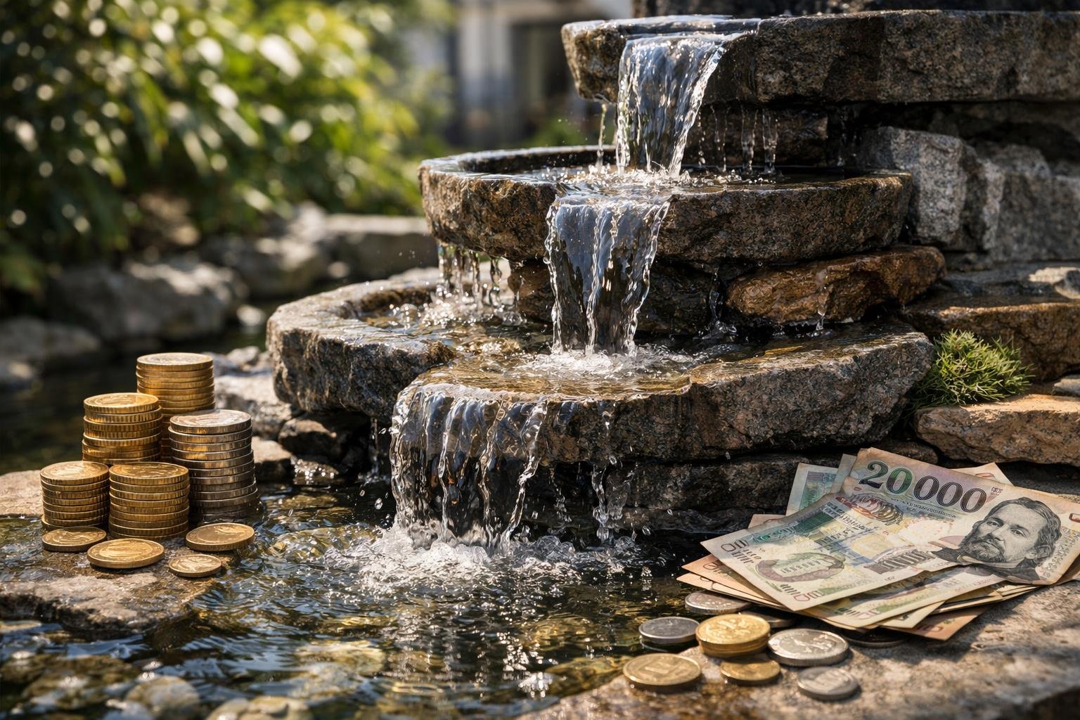 Csobogó víz áramlása pénzérmékkel és bankjegyekkel