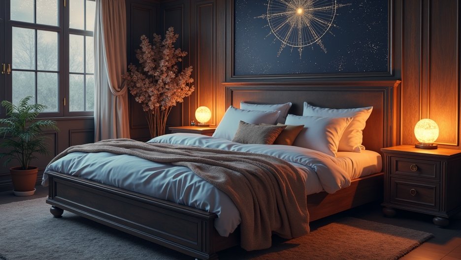 Bútorozott hálószoba ágyneműtartóval és hangulatos világítással.