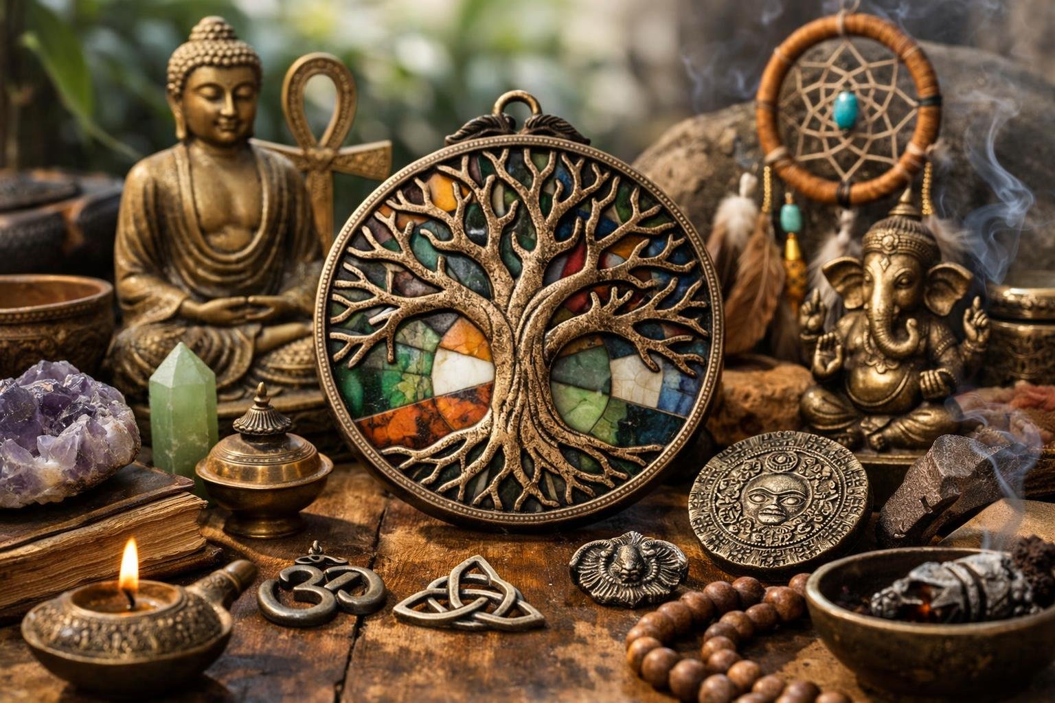 Az életfa szimbóluma és a Feng Shui elemei egy medálon.