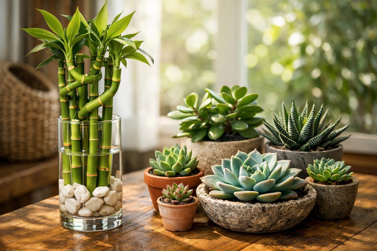 Zöld bambusz és pozsgások egy fából készült asztalon.