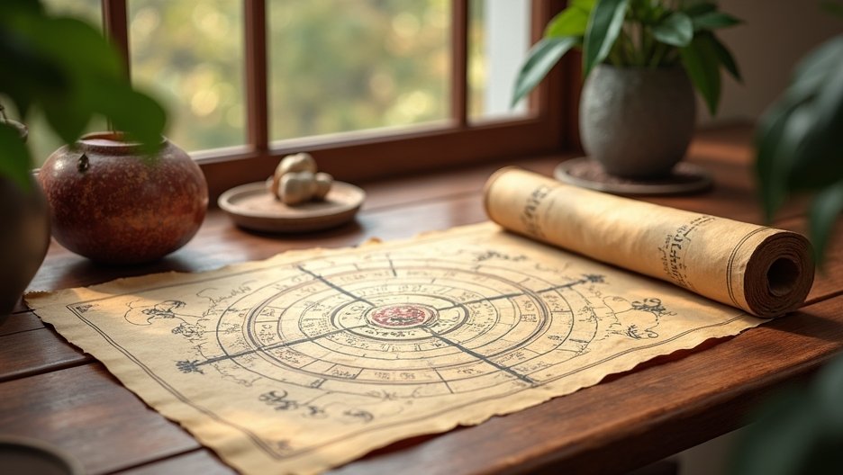 BaZi asztrológiai elemzés térképe és tekercse természetes környezetben.