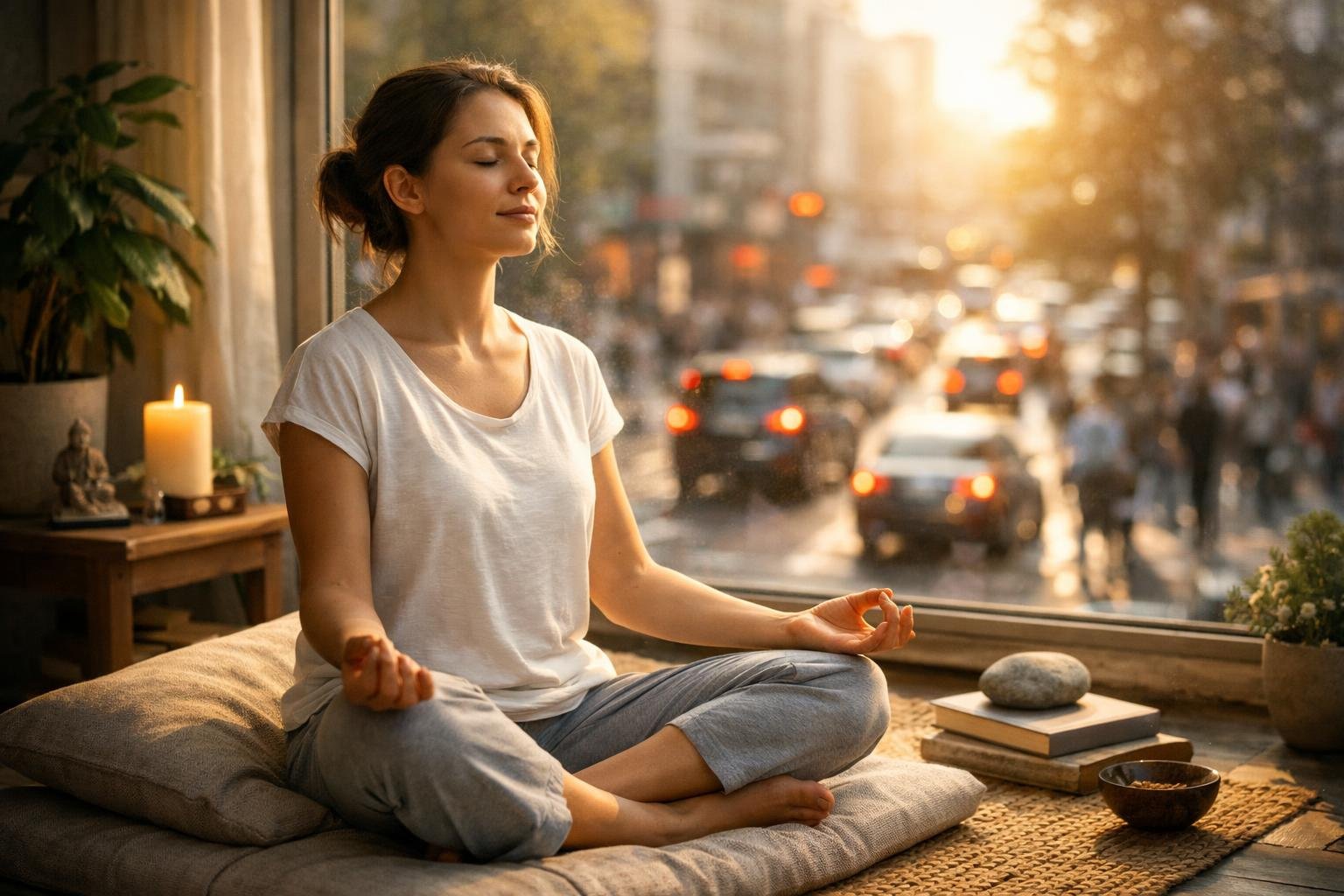 Meditáló nő a város forgatagában, aki belső békére törekszik.