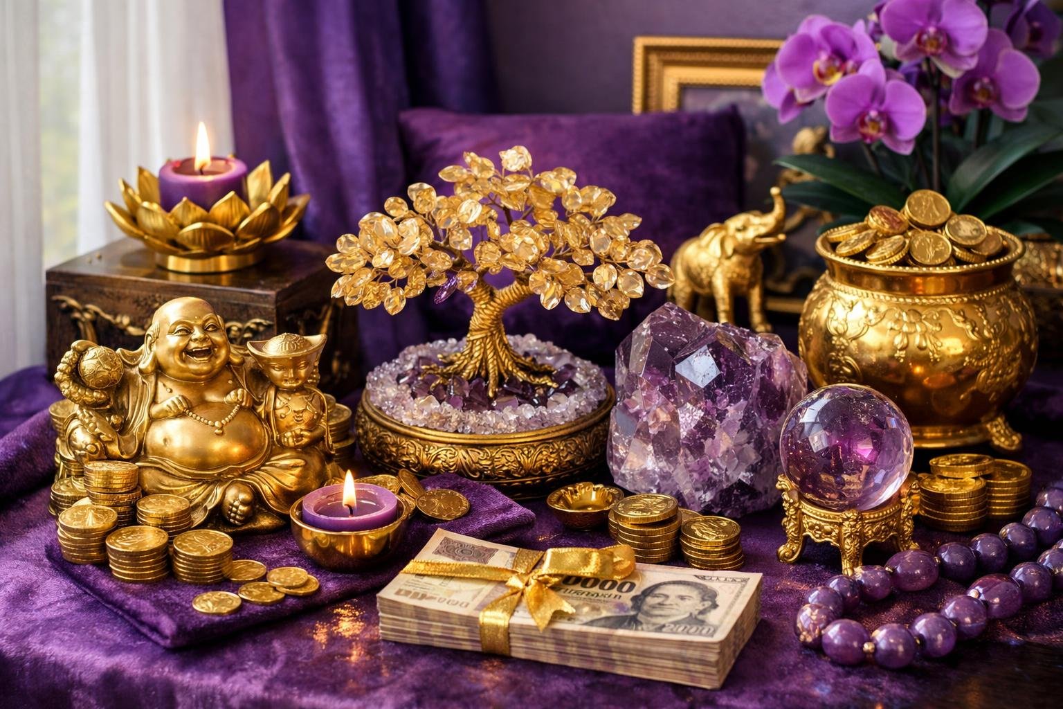 Bőség sarka lila és arany színnel díszítve Feng Shui szerint.