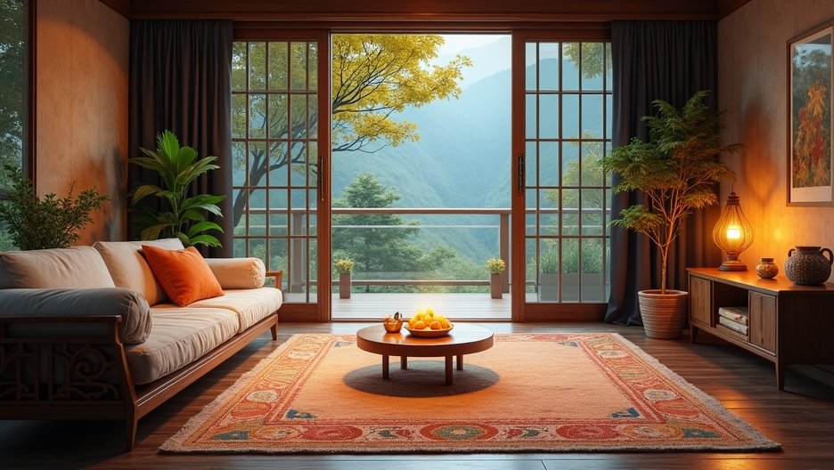 Hangulatos nappali kilátással a természetre, zöld növényekkel.