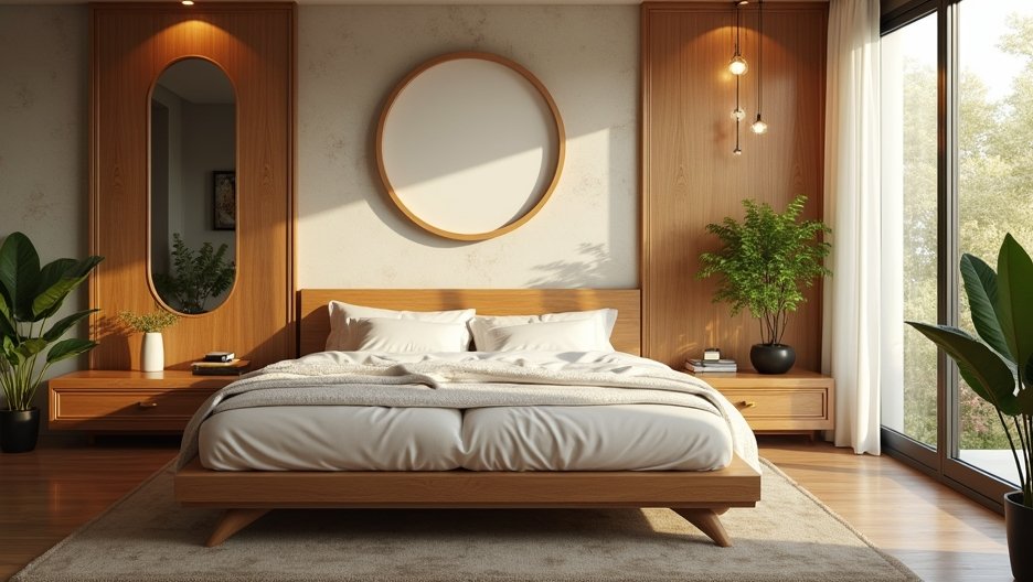 Modern hálószoba fás berendezéssel és növényekkel