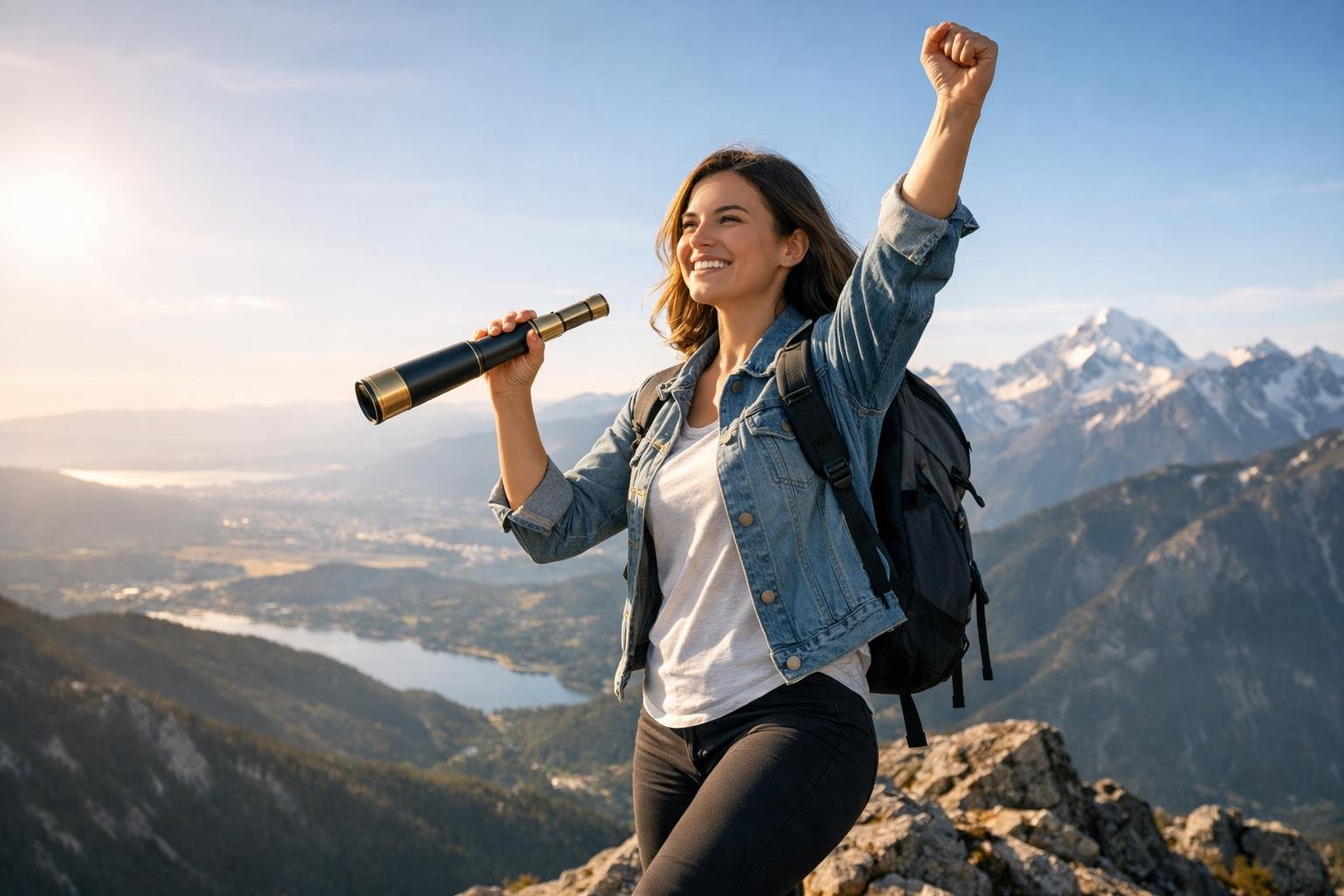 Fiatal nő a hegy csúcsán, távcsővel a kezében, a sikerért ünnepelve.