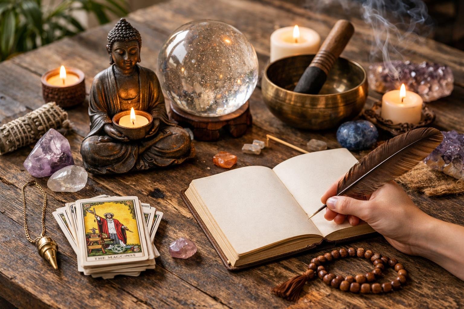 Ezoterikus eszközök és meditációs helyszín a bőség vonzásához.