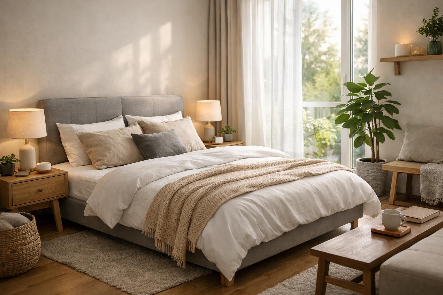 Modern hálószoba berendezés világos színekkel és növényekkel.