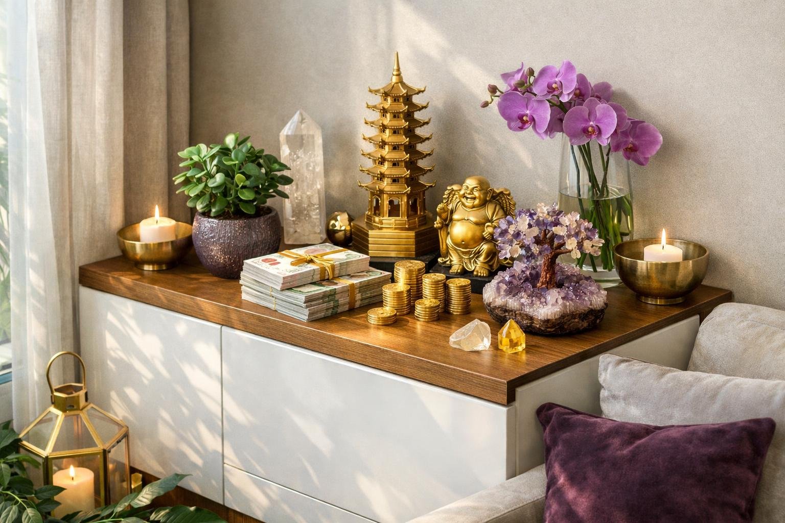 Feng Shui bőség sarok díszítve pénzzel, növényekkel és szobrokkal.