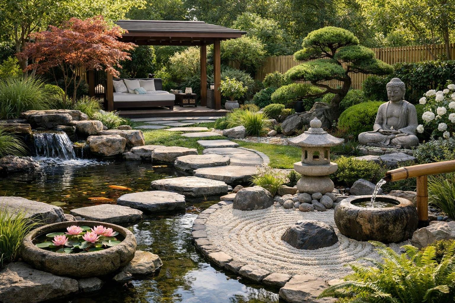 Feng shui kert harmonikus kialakítása vízfelülettel és növényekkel