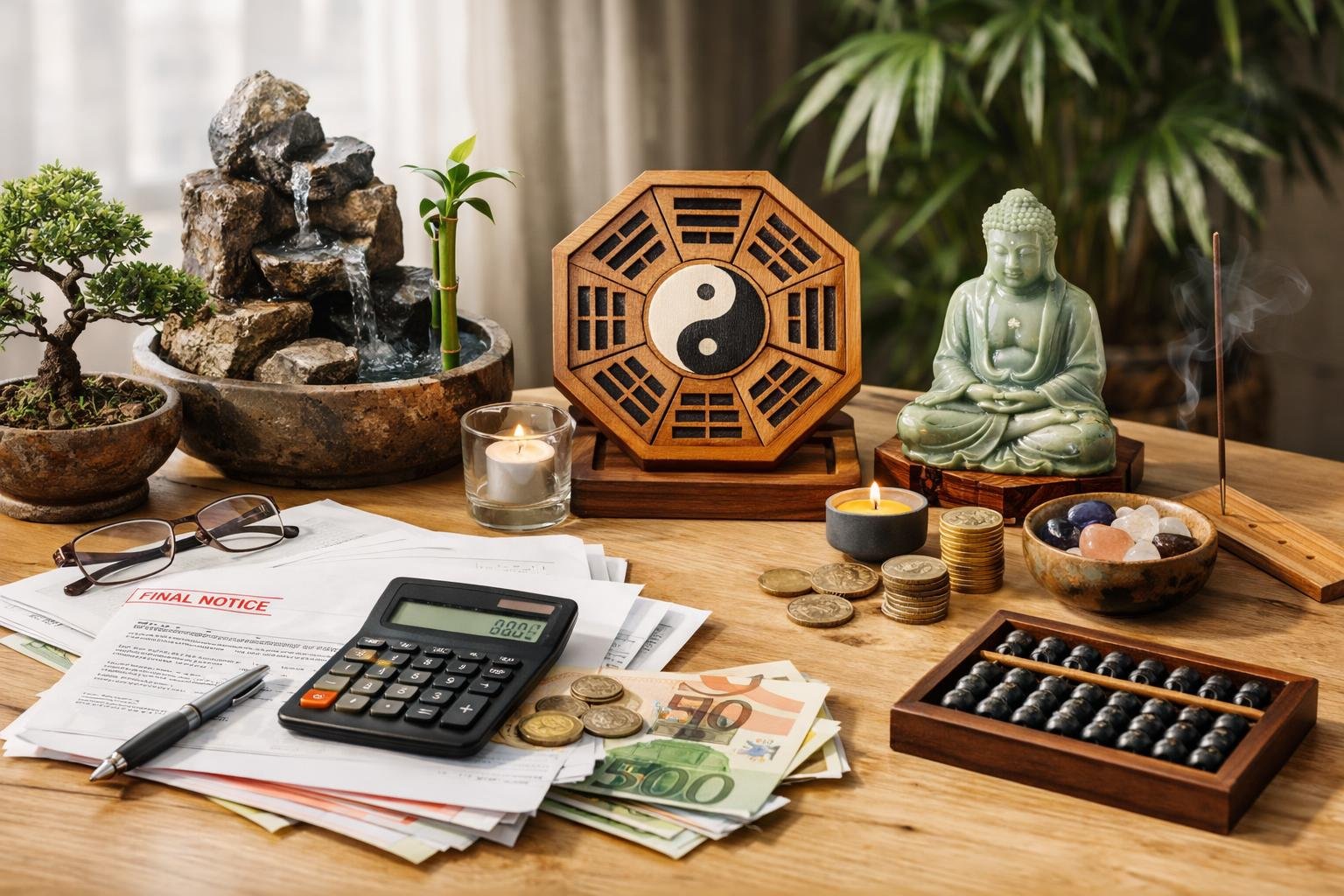 Feng shui elemek és pénzügyi tervezés eszközei egy asztalon