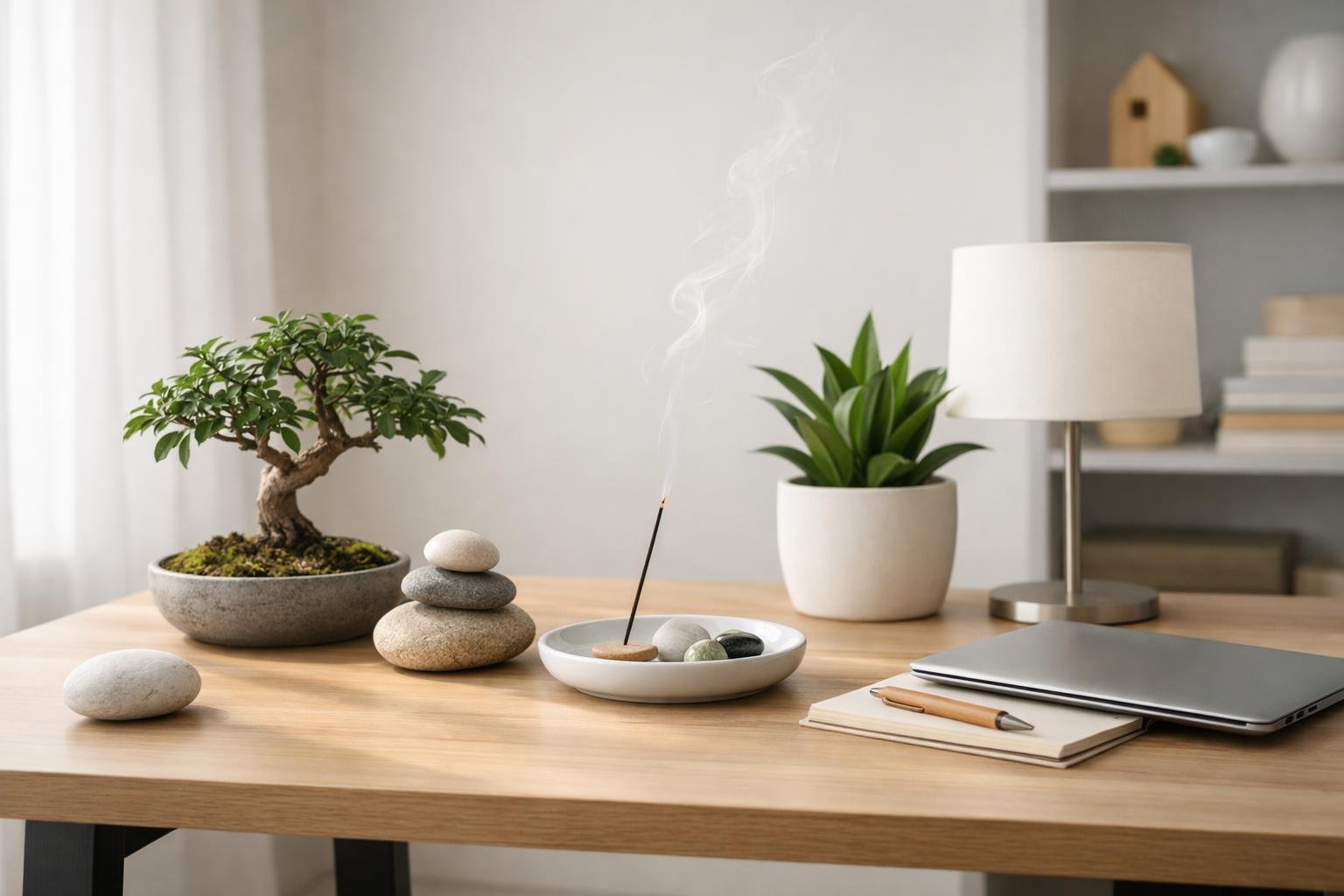 Feng shui irodai íróasztal zöld növényekkel és kövekkel.