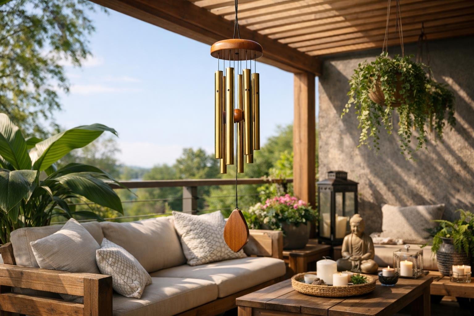 Feng shui szélcsengő a teraszon, harmonikus otthoni környezetben.