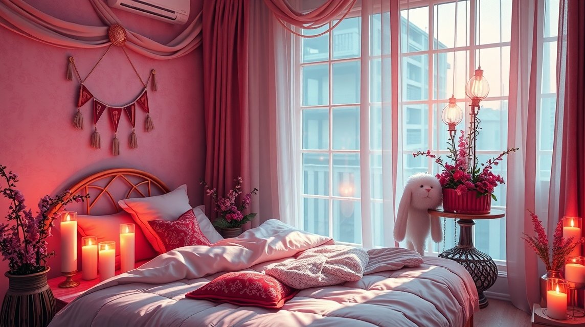 Romantikus hálószoba délnyugati irányban, páros tárgyakkal és meleg színekkel.