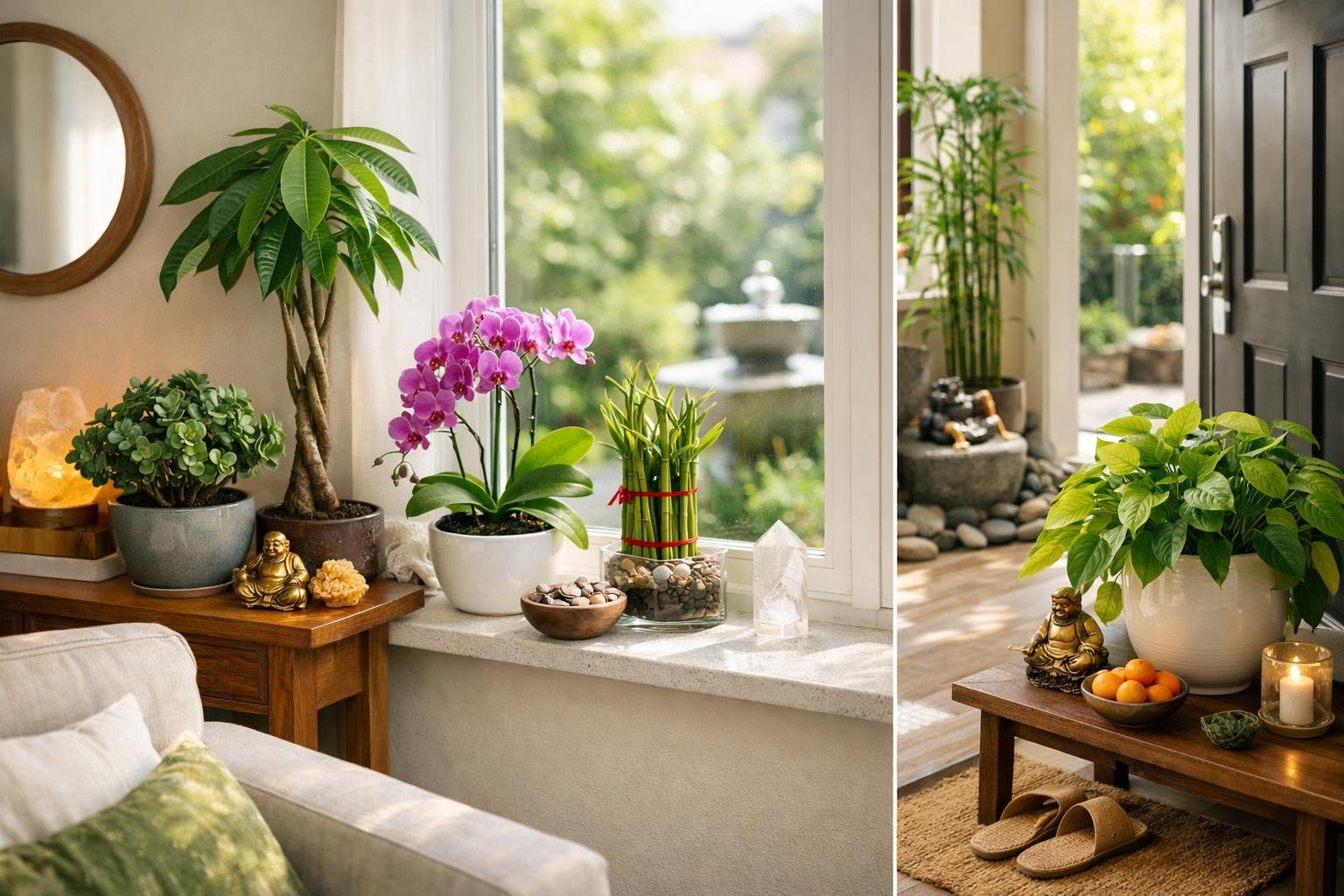 Feng Shui elvek szerint elrendezett szobanövények és harmonikus enteriőr