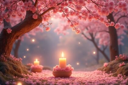 Barackvirág és gyertyák romantikus környezetben