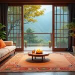 Hangulatos nappali kilátással a természetre, zöld növényekkel.