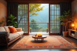 Hangulatos nappali kilátással a természetre, zöld növényekkel.