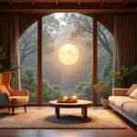 Modern lakás belső tér nagy ablakokkal, növényekkel és világító holdfénnyel.