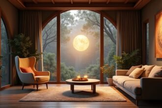 Modern lakás belső tér nagy ablakokkal, növényekkel és világító holdfénnyel.