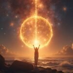 Egy figura, aki az energiát szimbolizáló fénygömböt emel az égen.