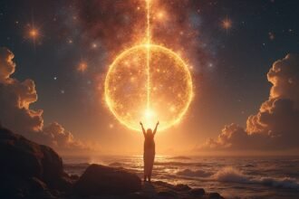 Egy figura, aki az energiát szimbolizáló fénygömböt emel az égen.