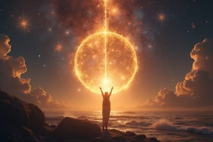 Egy figura, aki az energiát szimbolizáló fénygömböt emel az égen.