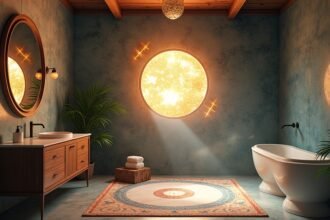 Modern fürdőszoba napfényes ablakkal és zöld növényekkel