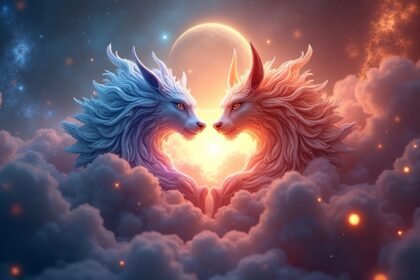 Két fantasztikus lény összekapcsolódik a csillagok alatt.