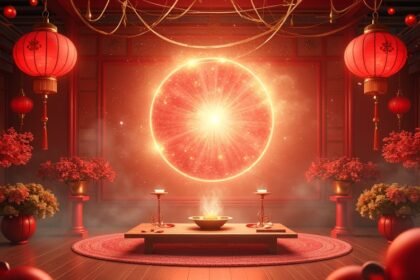 Holdújév ünneplése piros lampionokkal és bőségvonzó szimbólumokkal