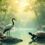 Daru és teknős egy békés kelet-ázsiai tájon bambusz mellett.