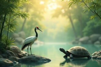 Daru és teknős egy békés kelet-ázsiai tájon bambusz mellett.