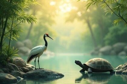 Daru és teknős egy békés kelet-ázsiai tájon bambusz mellett.