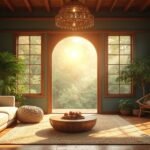 Zöld növényekkel díszített belső tér fa elemekkel és természetes fényben.